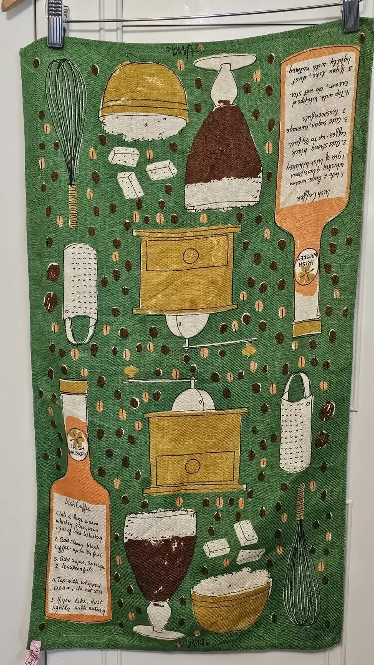 Vtg Vera Neumann Linen Tea Towel Irish Coffee Recipe Green Mid Century Modern